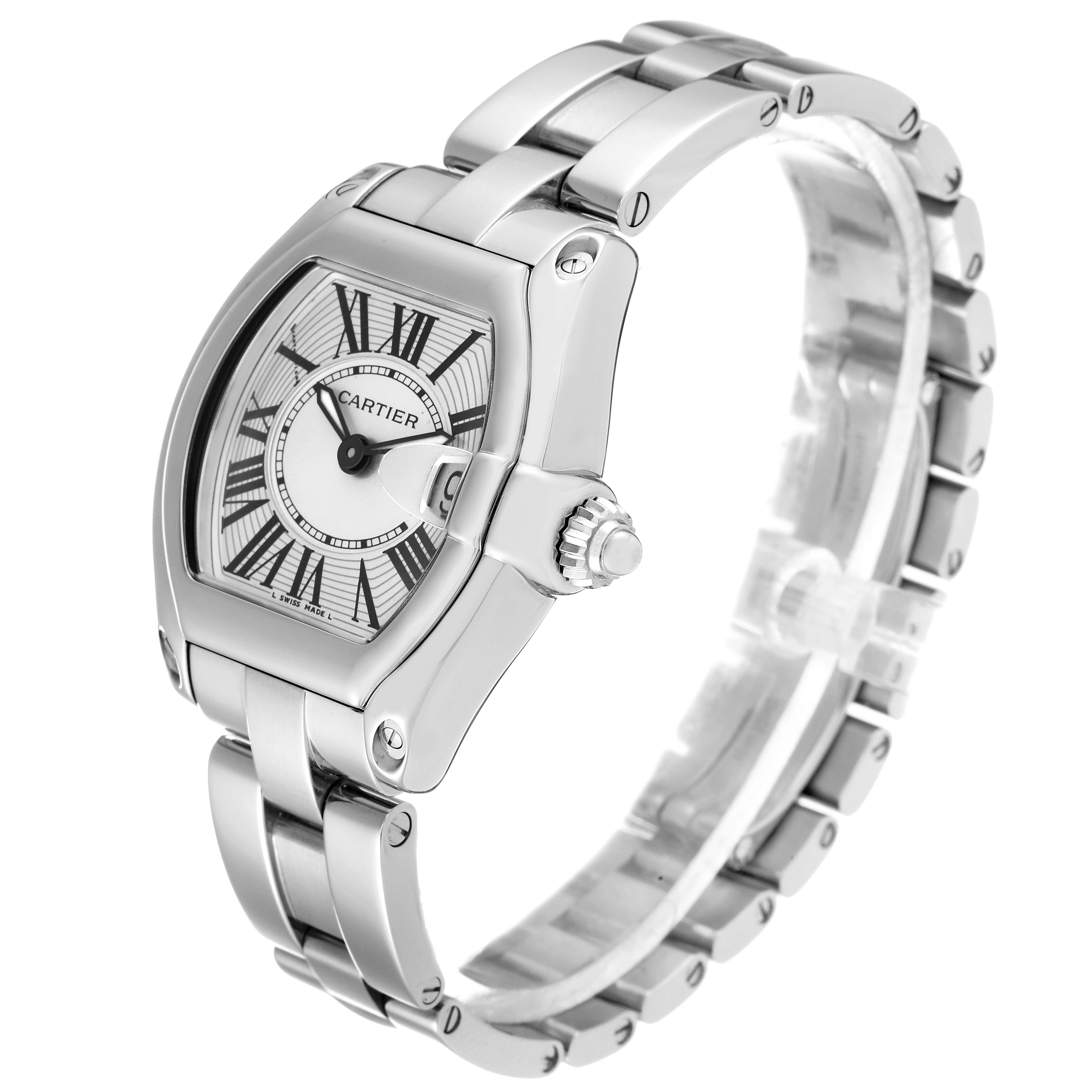 The Cartier Roadster W62016V3 Women's Stainless Steel Silver Dial W62016V3 Women's Stainless Steel Silver Dial watch is shown at a three-quarter angle, displaying its face, crown, and bracelet.