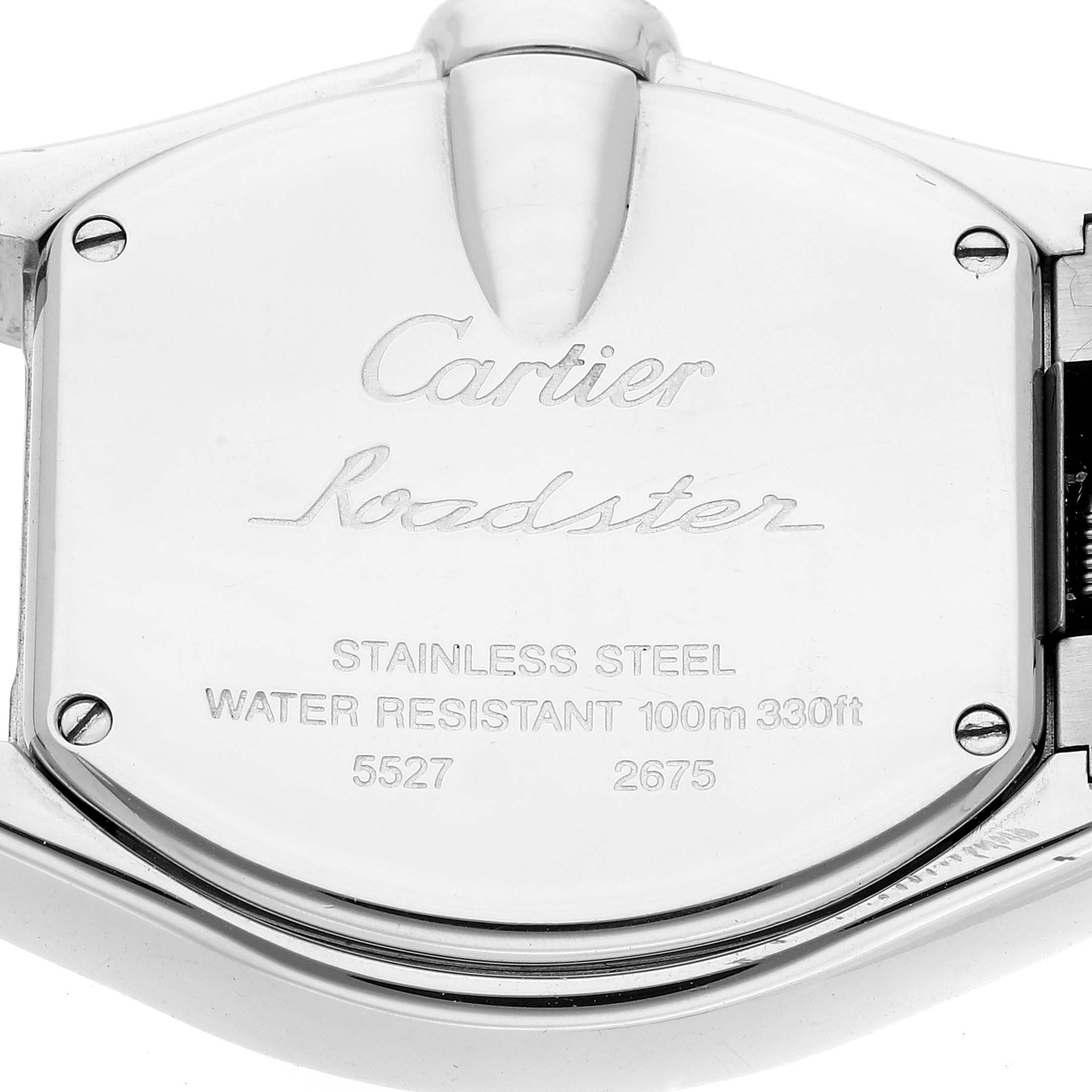 The image shows the back case of a Cartier Roadster W62016V3 Women's Stainless Steel Silver Dial W62016V3 Women's Stainless Steel Silver Dial watch, highlighting its stainless steel construction and water resistance details.