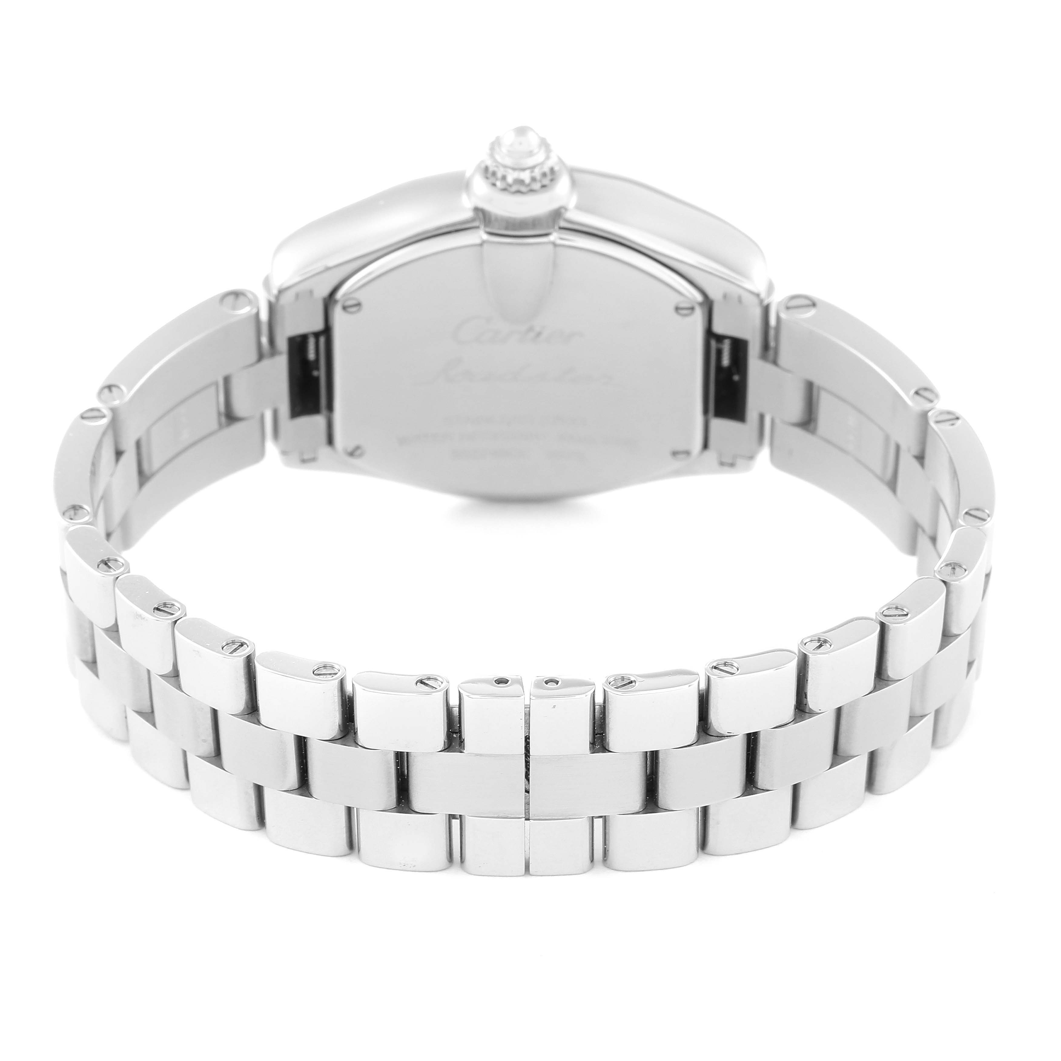 This image shows the back view of the Cartier Roadster W62016V3 Women's Stainless Steel Silver Dial W62016V3 Women's Stainless Steel Silver Dial watch, featuring its bracelet and clasp.