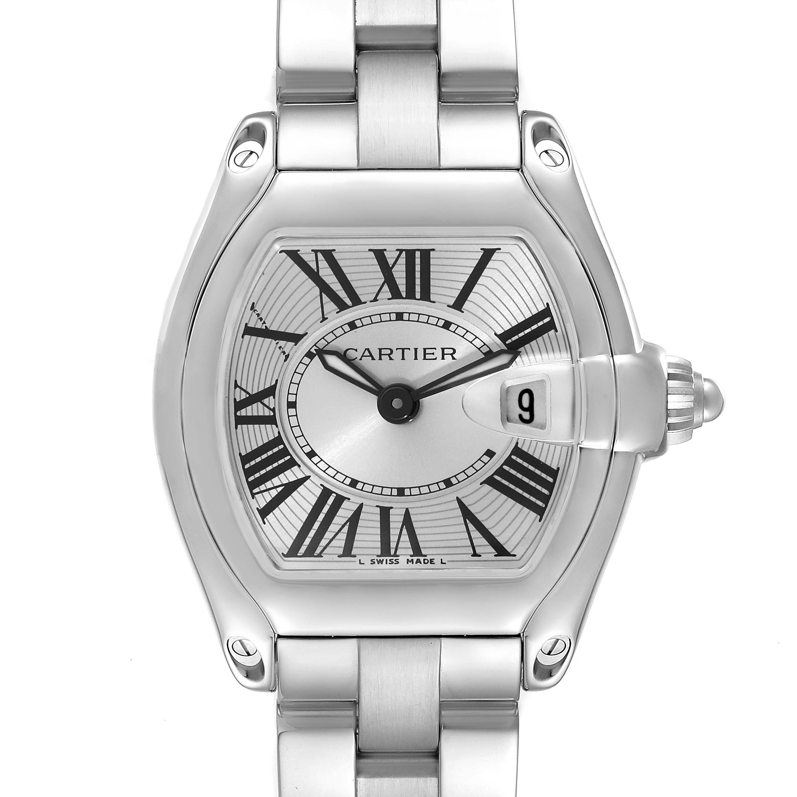 The image shows a front view of a Cartier Roadster W62016V3 Women's Stainless Steel Silver Dial W62016V3 Women's Stainless Steel Silver Dial watch, displaying its face, Roman numeral markers, and metal strap.