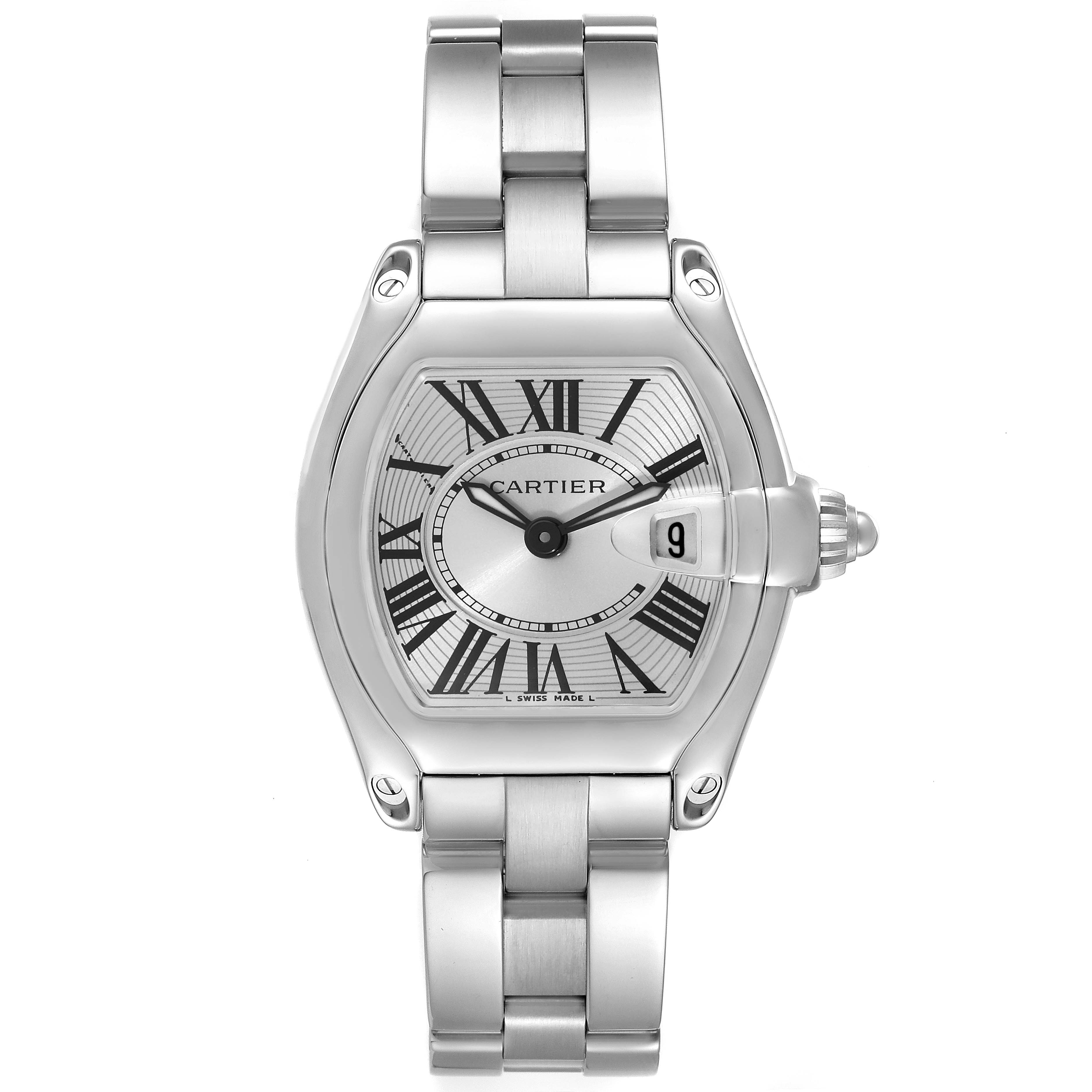 This image shows a Cartier Roadster W62016V3 Women's Stainless Steel Silver Dial W62016V3 Women's Stainless Steel Silver Dial watch from a front angle, highlighting its dial and bracelet.