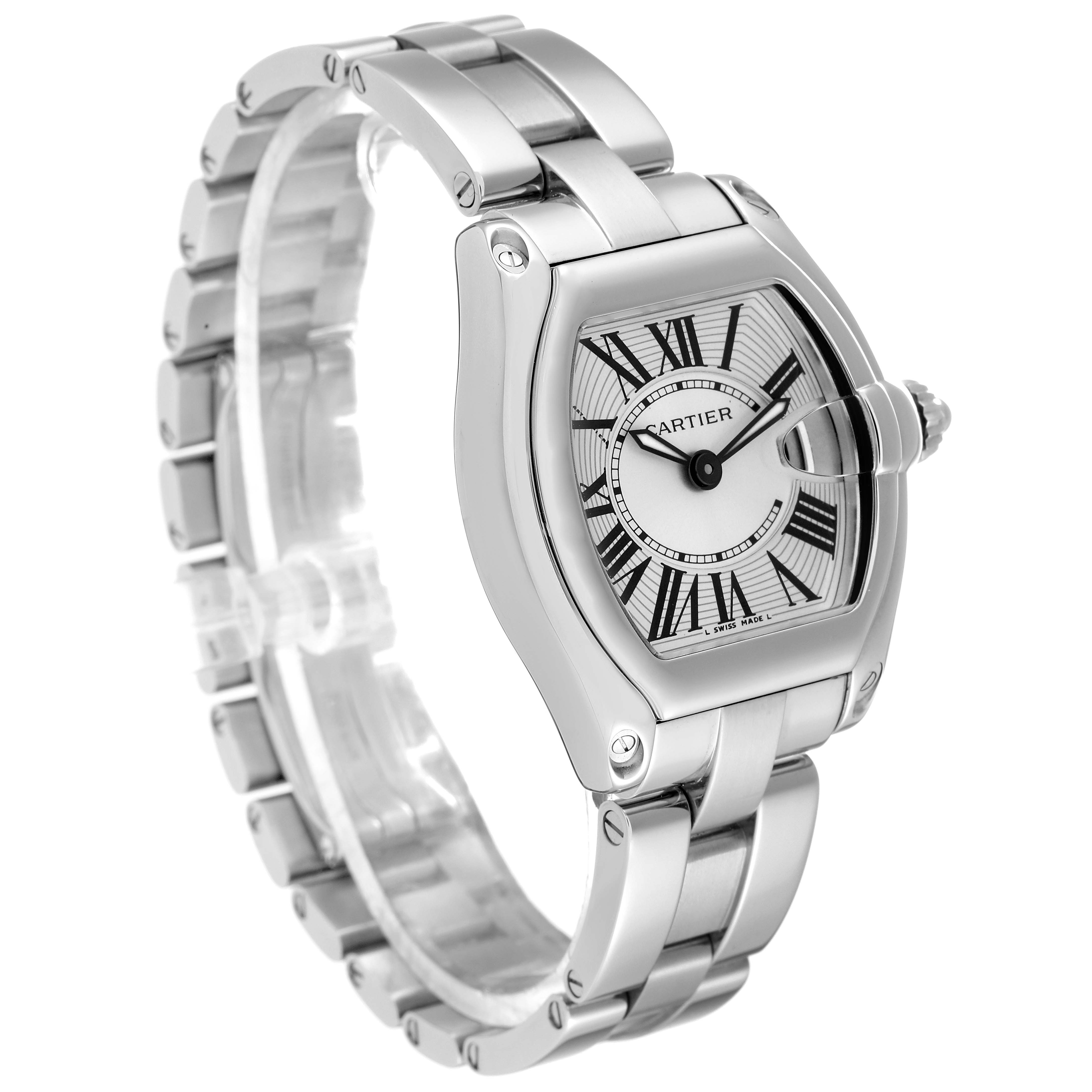 This is a Cartier Roadster W62016V3 Women's Stainless Steel Silver Dial W62016V3 Women's Stainless Steel Silver Dial watch shown from a side angle, highlighting the face, crown, and stainless steel bracelet.