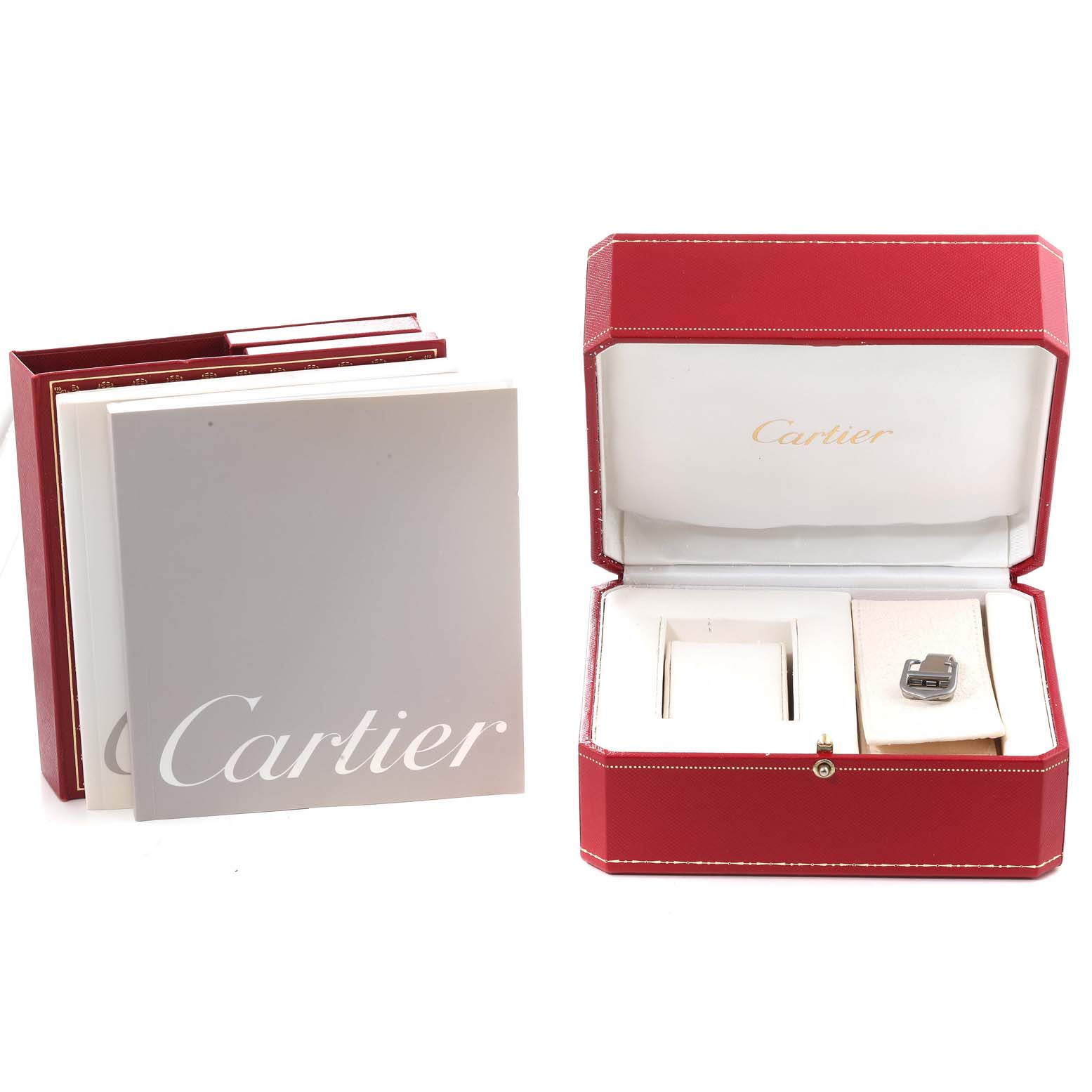 The image shows the accessories for a Cartier Roadster W62016V3 Women's Stainless Steel Silver Dial W62016V3 Women's Stainless Steel Silver Dial model, including manuals and a watch case with an additional clasp.