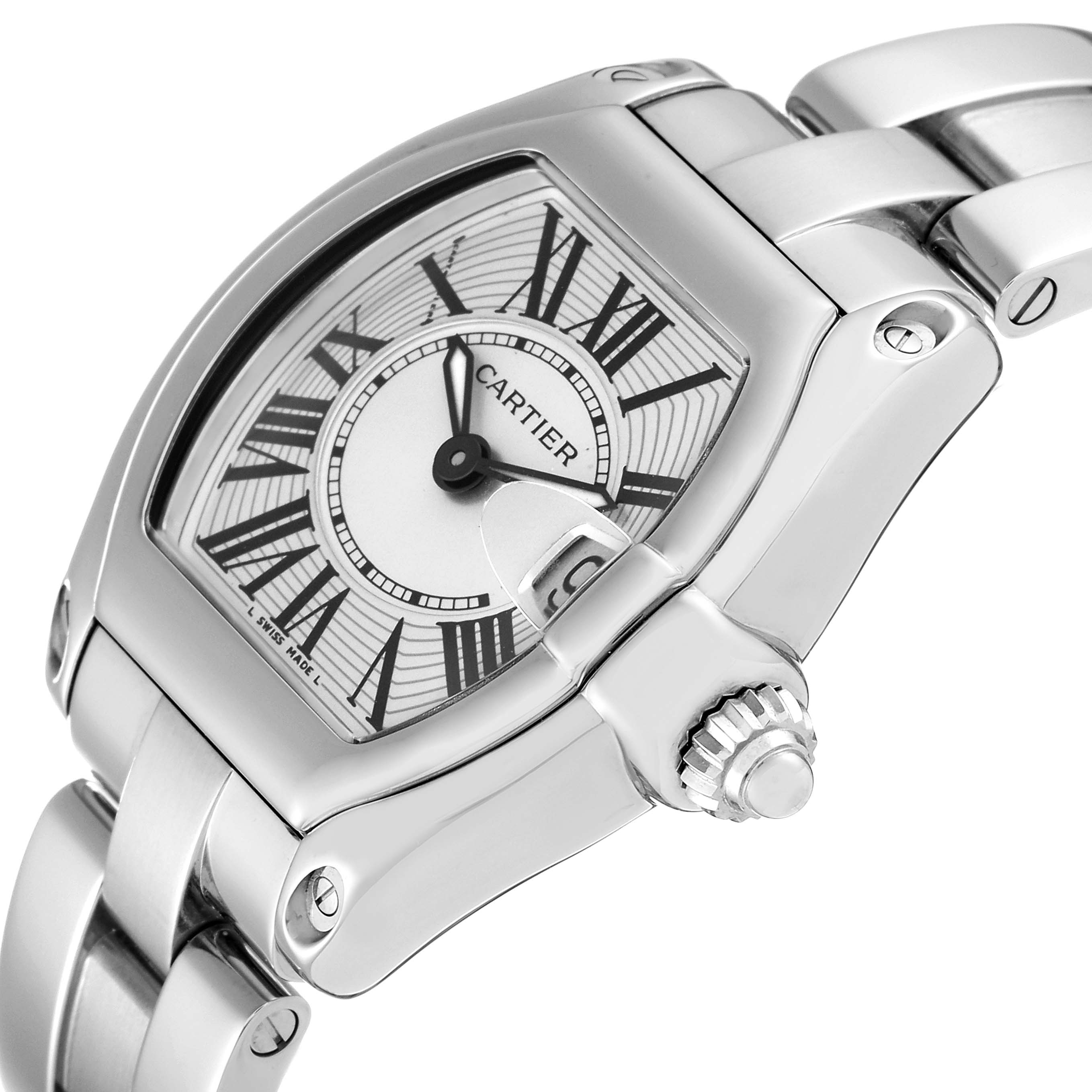 The image shows a close-up angle of the Cartier Roadster W62016V3 Women's Stainless Steel Silver Dial W62016V3 Women's Stainless Steel Silver Dial watch focusing on the face, bezel, and part of the bracelet.
