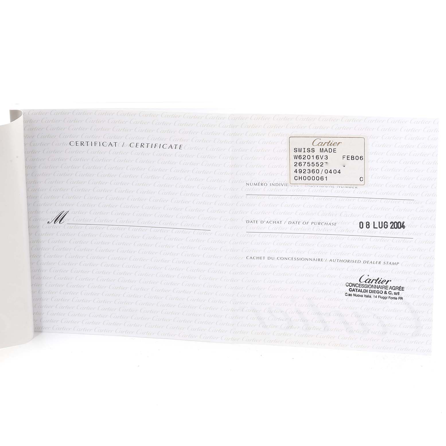 This is the certificate for a Cartier Roadster W62016V3 Women's Stainless Steel Silver Dial W62016V3 Women's Stainless Steel Silver Dial model watch, showing identification numbers, purchase date, and dealer stamp.