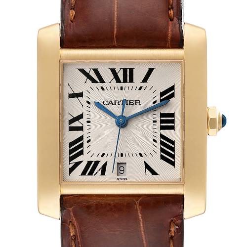 This is a front view of a Cartier Tank Francaise W5000156 Men's Yellow Gold Silver Dial W5000156 Men's Yellow Gold Silver Dial watch showing its rectangular face with Roman numerals, date window, and leather strap.