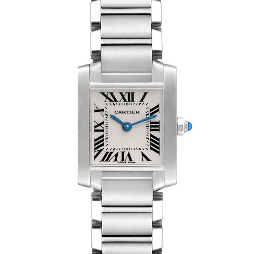 The image shows a front-facing view of a Cartier Tank Francaise W51008Q3 Women's Stainless Steel Silver Dial W51008Q3 Women's Stainless Steel Silver Dial watch, displaying its face, Roman numerals, and steel band.