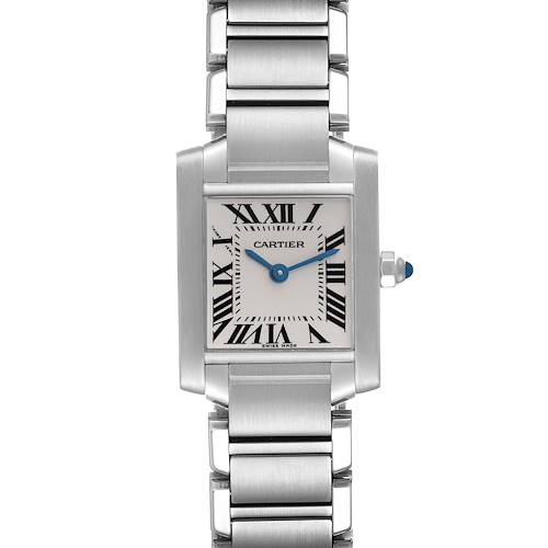 The image shows a front view of a Cartier Tank Francaise W51008Q3 Women's Stainless Steel Silver Dial W51008Q3 Women's Stainless Steel Silver Dial watch, displaying its face and metal bracelet.