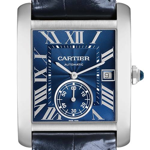 The Cartier Tank MC WSTA0010 Men's Stainless Steel Blue Dial WSTA0010 Men's Stainless Steel Blue Dial watch is shown from the front, displaying its face, date window, and crown.