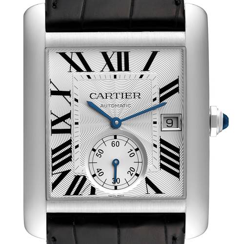 The image shows a front view of the Cartier Tank MC W5330003 Men's Stainless Steel Silver Dial W5330003 Men's Stainless Steel Silver Dial watch, featuring its dial, Roman numerals, date window, and sub-dial.