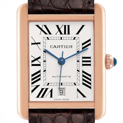 The Tank Solo model by Cartier is shown from a top-down angle, displaying the face, hands, crown, and part of the leather strap.