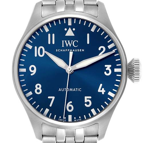 The IWC Pilot IW329304 Men's Stainless Steel Blue Dial IW329304 Men's Stainless Steel Blue Dial model watch is shown from the front, highlighting its blue dial, hands, crown, and metal bracelet.
