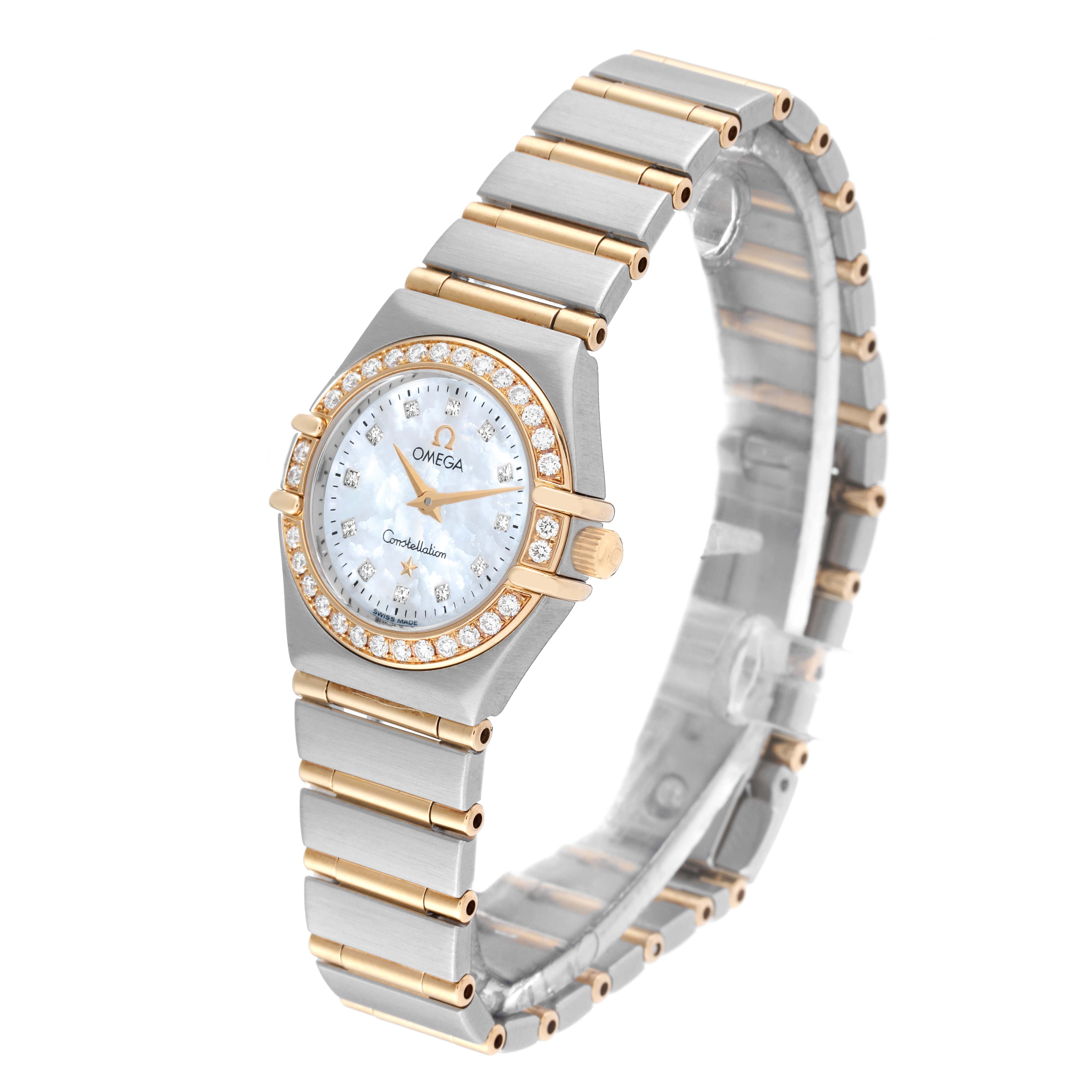 The Omega 1267.75.00 Women's Steel and Gold (two tone) Mother of Pearl Dial 1267.75.00 Women's Steel and Gold (two tone) Mother of Pearl Dial Constellation 95 Mother Of Pearl Diamond Ladies Watch model 1267.75.00 is shown at a three-quarter angle, highlighting its bracelet and face.