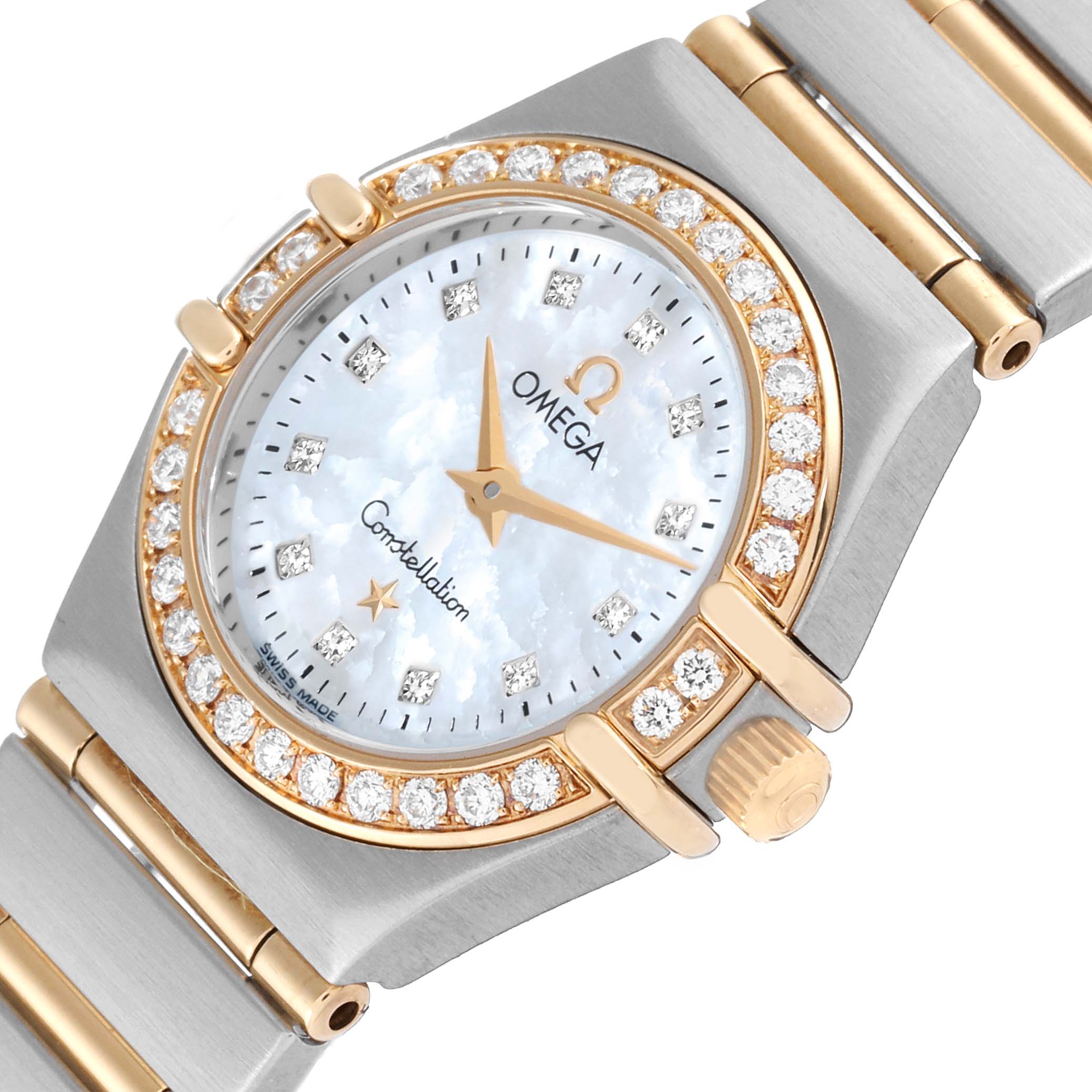 The image shows a close-up of the dial, bezel, and bracelet of the Omega 1267.75.00 Women's Steel and Gold (two tone) Mother of Pearl Dial 1267.75.00 Women's Steel and Gold (two tone) Mother of Pearl Dial Constellation 95 Mother Of Pearl Diamond Yellow Gold Steel Ladies Watch 1267.75.00.
