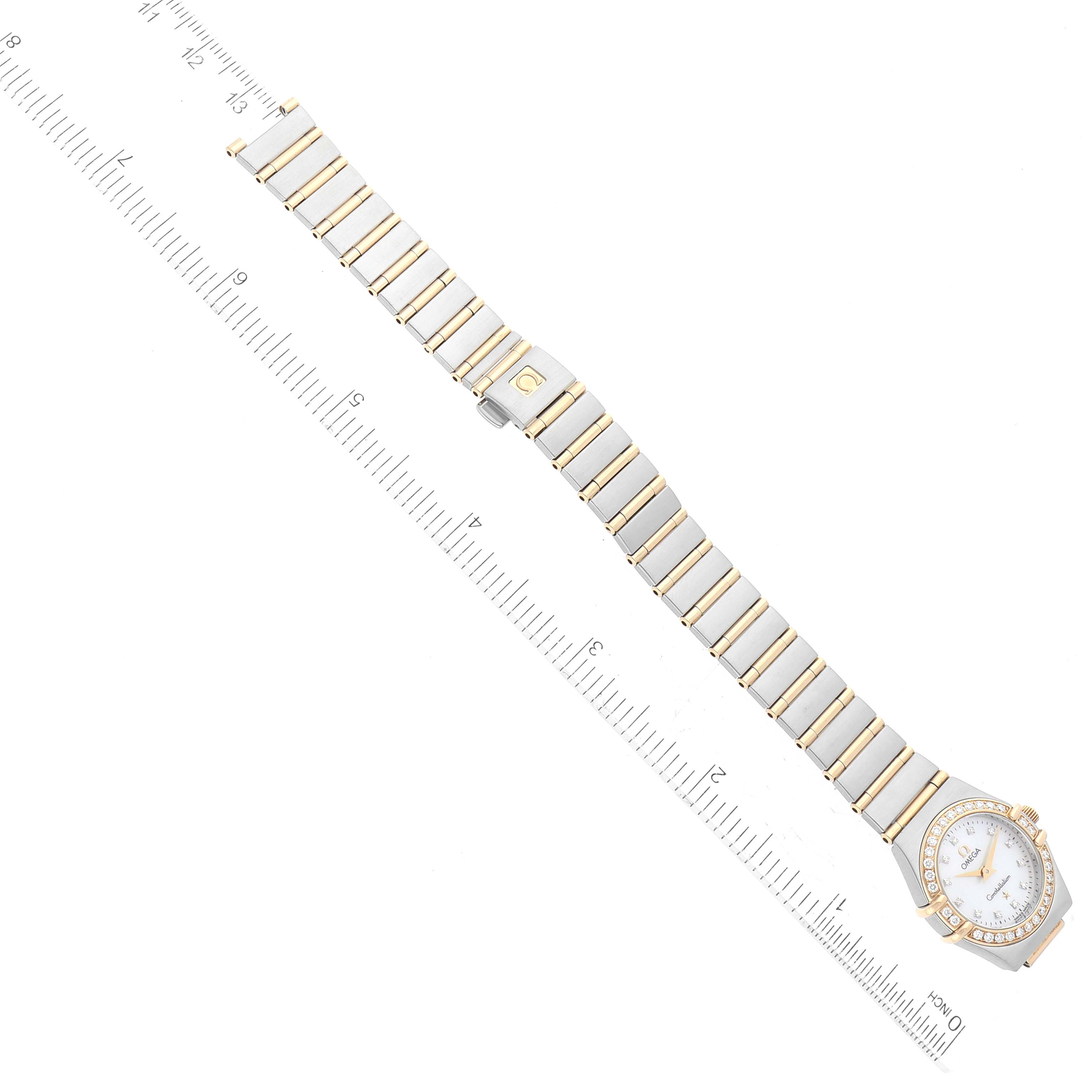 This image shows a top-down view of the Omega 1267.75.00 Women's Steel and Gold (two tone) Mother of Pearl Dial 1267.75.00 Women's Steel and Gold (two tone) Mother of Pearl Dial Constellation 95 Mother Of Pearl Diamond Yellow Gold Steel Ladies Watch 1267.75.00, including the band and face.