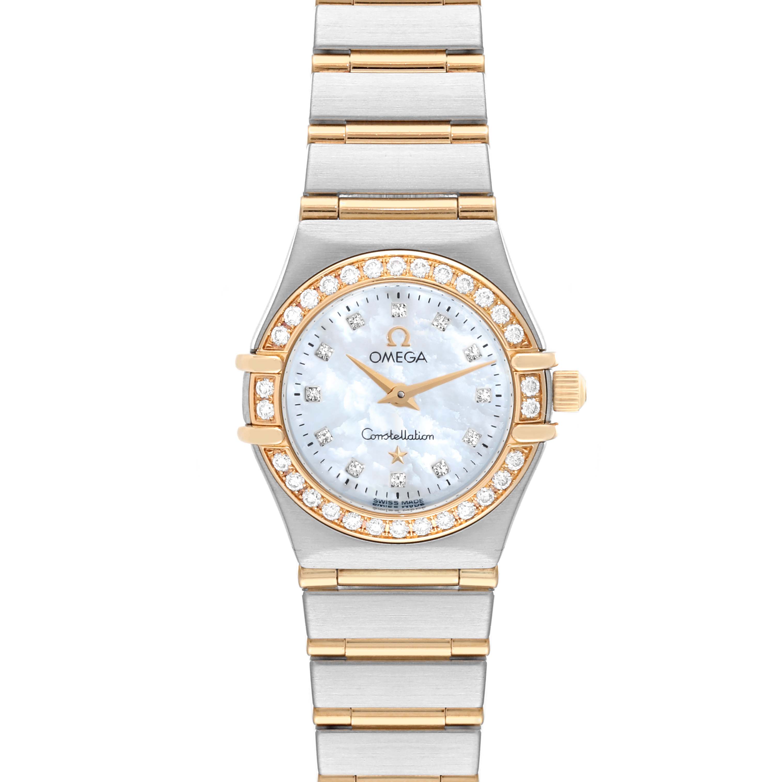 The image shows a frontal view of the Omega 1267.75.00 Women's Steel and Gold (two tone) Mother of Pearl Dial 1267.75.00 Women's Steel and Gold (two tone) Mother of Pearl Dial Constellation 95 Mother Of Pearl Diamond Yellow Gold Steel Ladies Watch 1267.75.00.