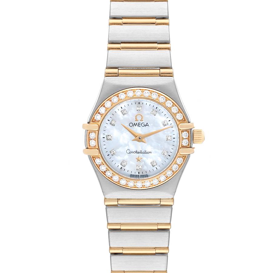 The image shows a frontal view of the Omega 1267.75.00 Women's Steel and Gold (two tone) Mother of Pearl Dial 1267.75.00 Women's Steel and Gold (two tone) Mother of Pearl Dial Constellation 95 Mother Of Pearl Diamond Yellow Gold Steel Ladies Watch 1267.75.00.