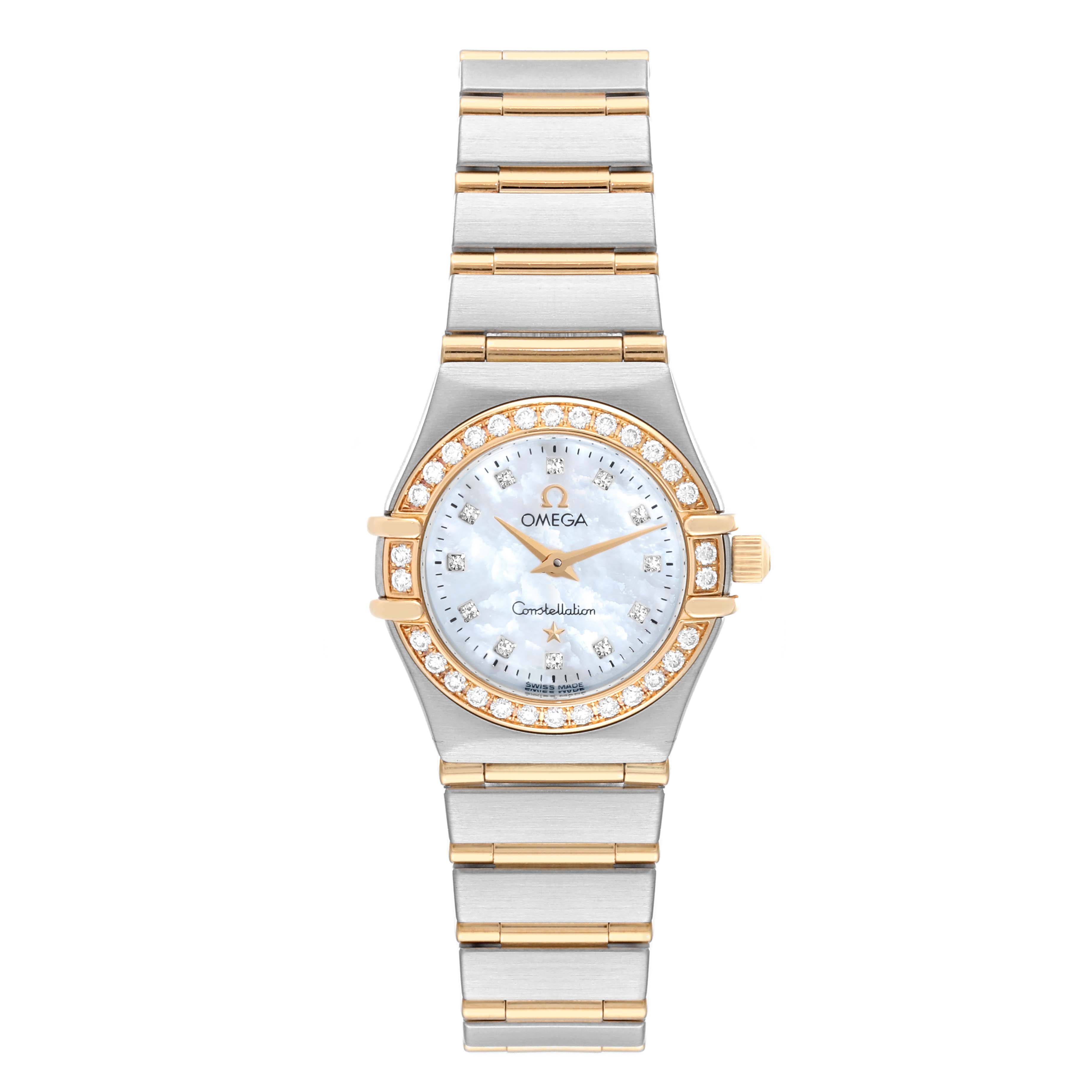The image shows the front view of the Omega 1267.75.00 Women's Steel and Gold (two tone) Mother of Pearl Dial 1267.75.00 Women's Steel and Gold (two tone) Mother of Pearl Dial Constellation 95 Mother Of Pearl Diamond Yellow Gold Steel Ladies Watch 1267.75.00.