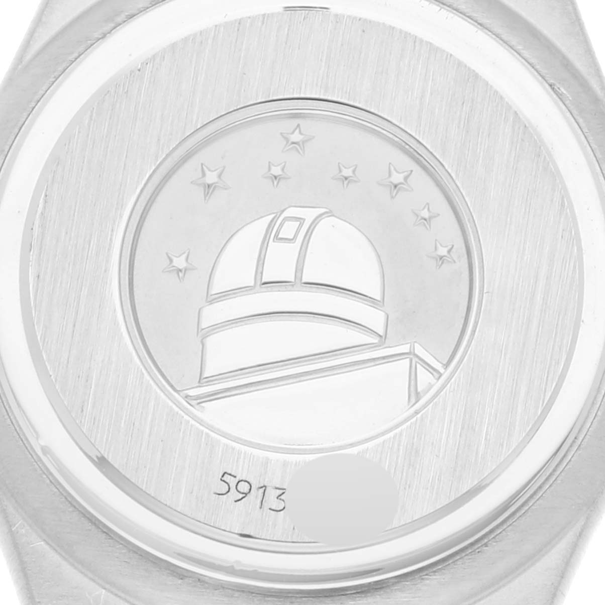 This image shows the back case of the Omega 1267.75.00 Women's Steel and Gold (two tone) Mother of Pearl Dial 1267.75.00 Women's Steel and Gold (two tone) Mother of Pearl Dial Constellation 95 Mother Of Pearl Diamond Yellow Gold Steel Ladies Watch 1267.75.00 model.