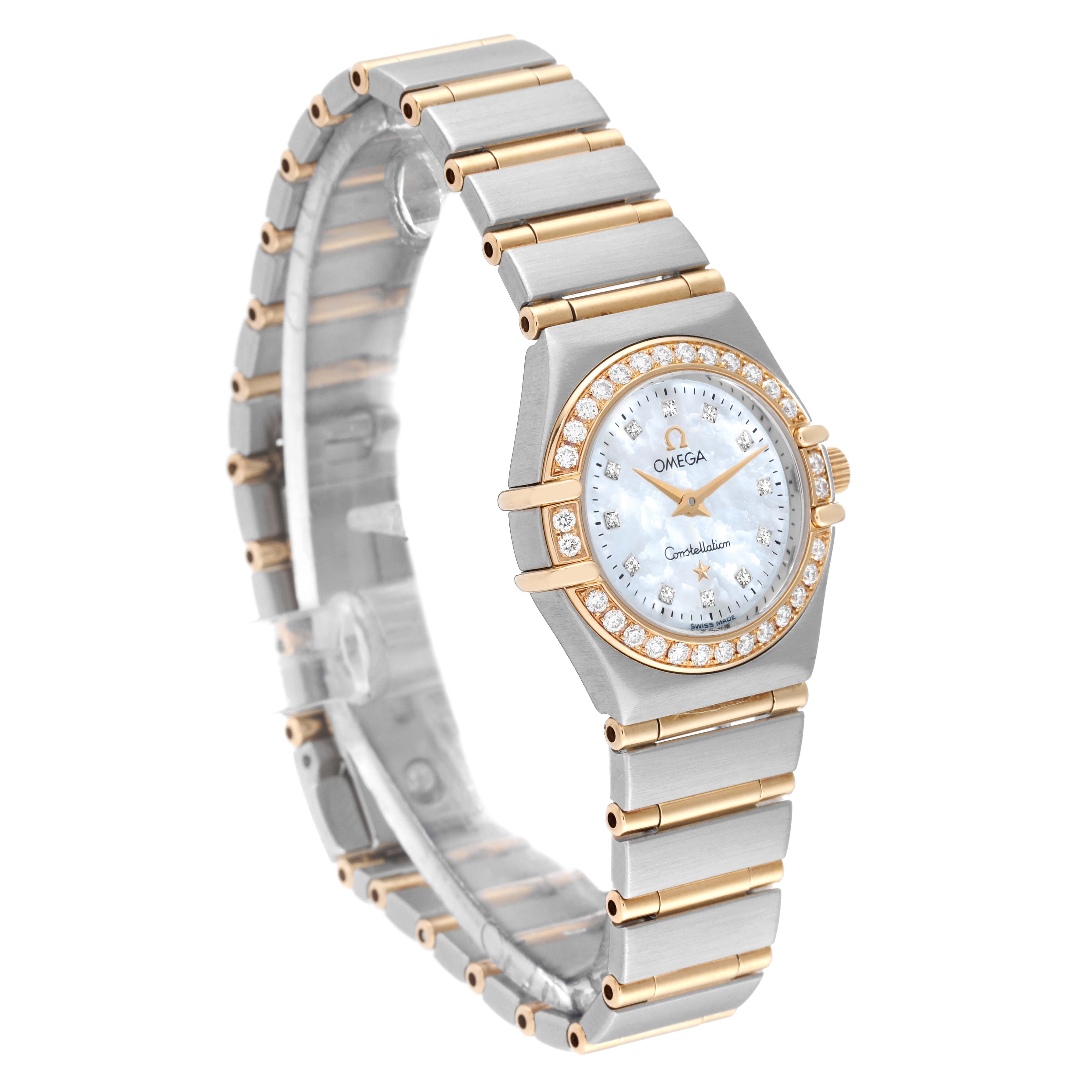 The Omega 1267.75.00 Women's Steel and Gold (two tone) Mother of Pearl Dial 1267.75.00 Women's Steel and Gold (two tone) Mother of Pearl Dial Constellation 95 Mother Of Pearl Diamond Yellow Gold Steel Ladies Watch 1267.75.00 is shown from a three-quarter angle, highlighting its band and face.