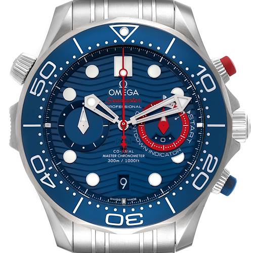 The image shows a frontal view of the Omega Seamaster 210.30.44.51.03.002 Men's Stainless Steel Blue Dial 210.30.44.51.03.002 Men's Stainless Steel Blue Dial watch, highlighting its dial, bezel, and buttons.