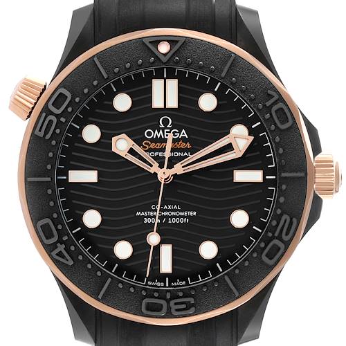 The image shows a front view of an Omega Seamaster 210.62.44.20.01.001 Men's Ceramic Black Dial 210.62.44.20.01.001 Men's Ceramic Black Dial watch, highlighting its dial, bezel, and crown.