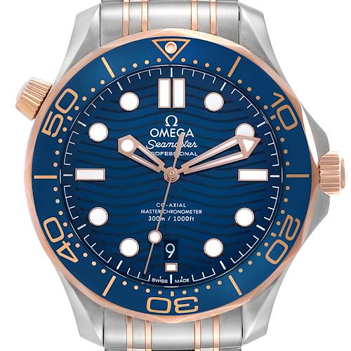 The image shows the front view of the Omega Seamaster 210.20.42.20.03.002 Men's Steel and Gold (two tone) Blue Dial 210.20.42.20.03.002 Men's Steel and Gold (two tone) Blue Dial watch, highlighting its blue dial, bezel, and two-tone metal case.