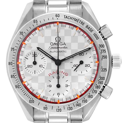 The image shows a front view of the Omega Speedmaster 3517.30.00 Men's Stainless Steel Silver Dial 3517.30.00 Men's Stainless Steel Silver Dial Racing Automatic watch, highlighting its dial, subdials, and bezel.