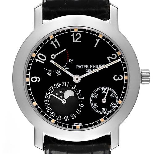 The Patek Philippe Complications 5055G-001 Men's White Gold Black Dial 5055G-001 Men's White Gold Black Dial watch is shown from the front, displaying its black dial with moon phase, date, and subdials.