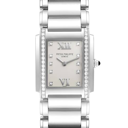The Patek Philippe Twenty-4 4910/10A-011 Women's Stainless Steel Silver Dial 4910/10A-011 Women's Stainless Steel Silver Dial watch is shown from a front angle, highlighting the rectangular face, bracelet, and diamond details.