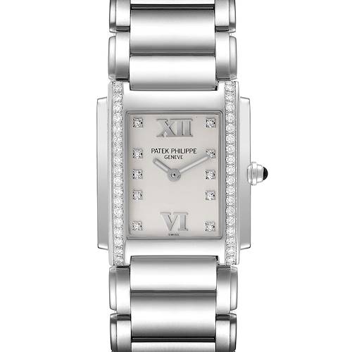 The image shows a front view of the Patek Philippe Twenty-4 4910/10A-011 Women's Stainless Steel Silver Dial 4910/10A-011 Women's Stainless Steel Silver Dial watch, highlighting the dial, bracelet, and side crown.