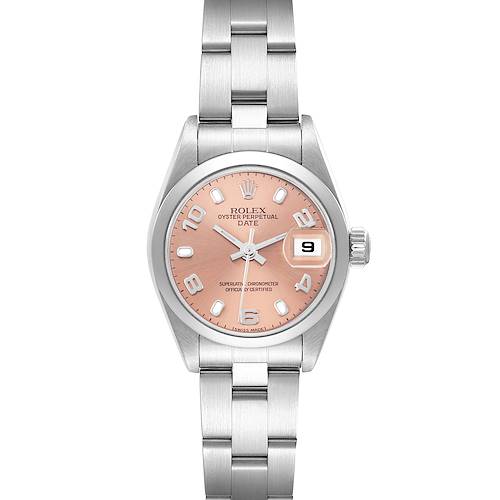 The Rolex Date 79160 Women's Stainless Steel Pink Dial 79160 Women's Stainless Steel Pink Dial watch is shown from a front angle, displaying the dial, hands, bracelet, and date window.
