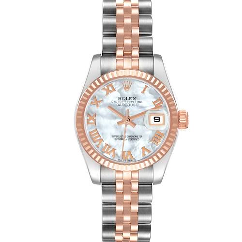 The Rolex Datejust 179171NR Women's Steel and Gold (two tone) Mother of Pearl Dial 179171NR Women's Steel and Gold (two tone) Mother of Pearl Dial watch is shown from the front, displaying the dial, bezel, and part of the bracelet.