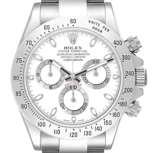 The image shows a front view of the Rolex Daytona 116520 Men's Stainless Steel White Dial 116520 Men's Stainless Steel White Dial watch, highlighting the dial and bezel details.