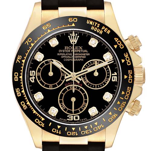 The Rolex Daytona 116518LNG Men's Yellow Gold Black Dial 116518LNG Men's Yellow Gold Black Dial watch is shown from the front, displaying the dial, bezel, and part of the case.