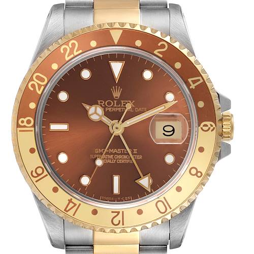 The Rolex GMT-Master 16713 Men's Steel and Gold (two tone) Brown Dial 16713 Men's Steel and Gold (two tone) Brown Dial watch is shown from the front, displaying its dial, bezel, and part of the bracelet.