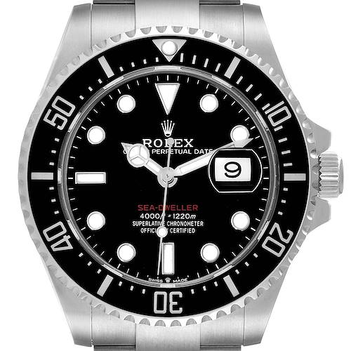 The image shows a front view of the Rolex Sea-Dweller 126600 Men's Stainless Steel Black Dial 126600 Men's Stainless Steel Black Dial watch, highlighting its dial, bezel, and crown.