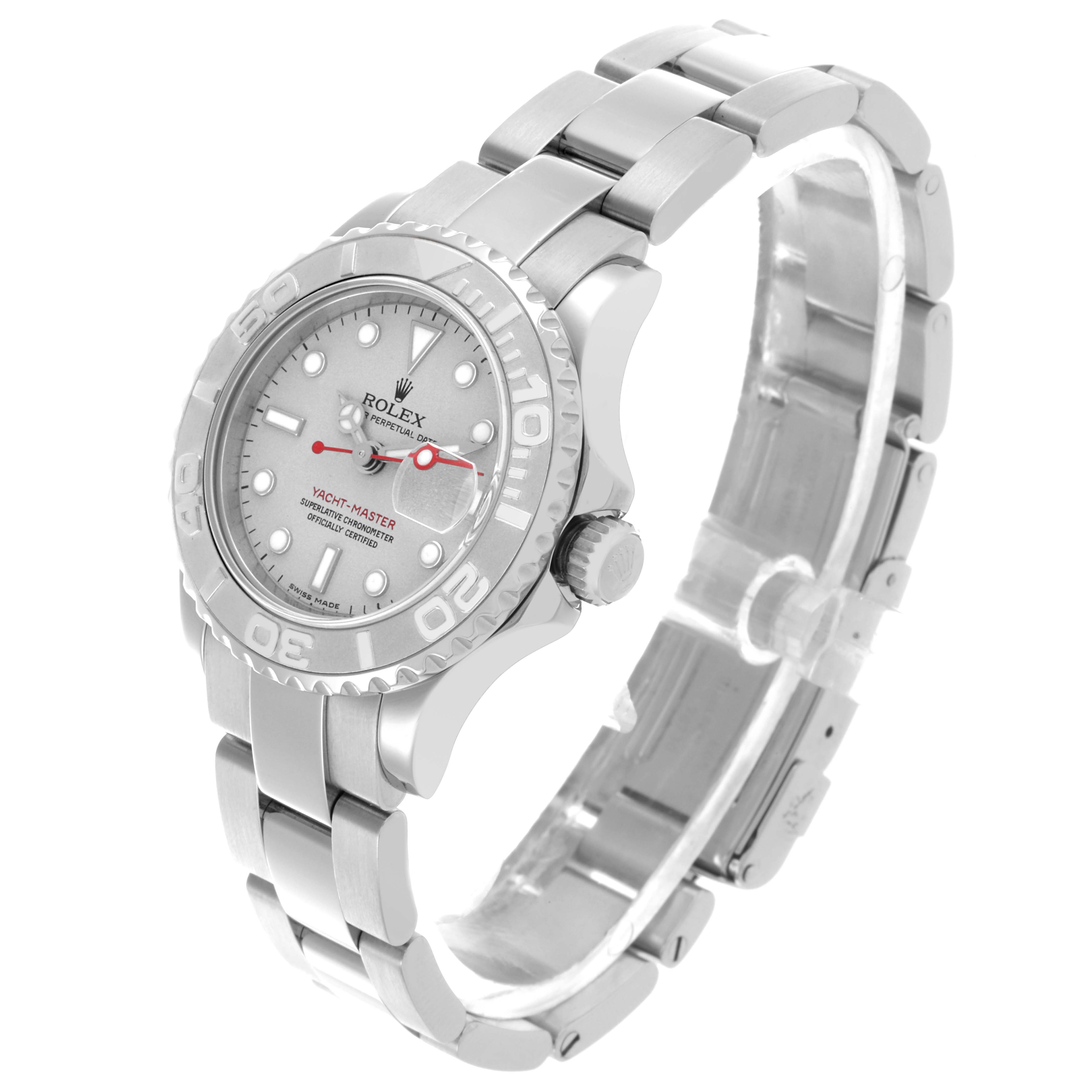 The image shows a side angle of the Rolex Yacht-Master 169622 Women's Stainless Steel Silver Dial 169622 Women's Stainless Steel Silver Dial, highlighting the face, bezel, and bracelet.