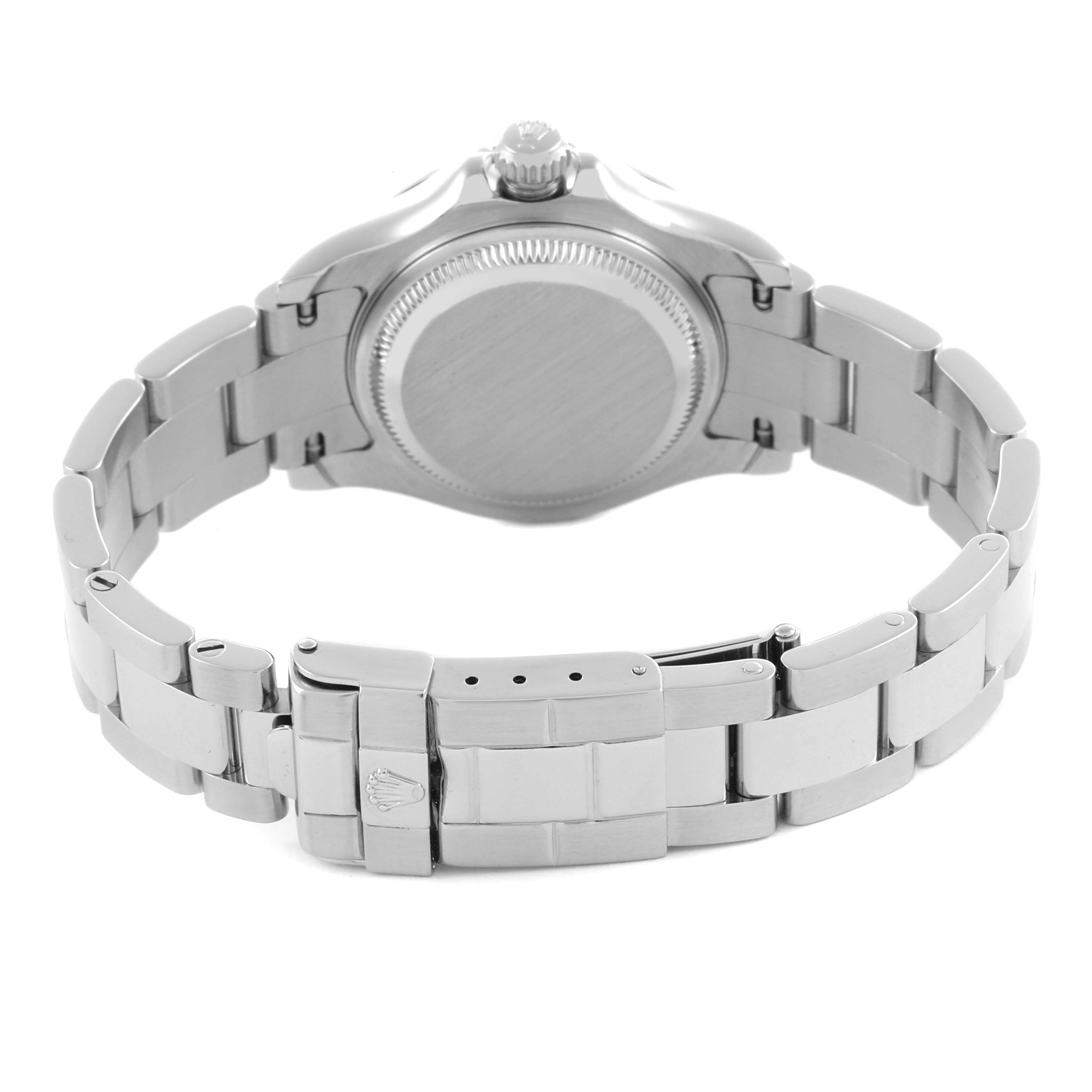 The image shows the back view of a Rolex Yacht-Master 169622 Women's Stainless Steel Silver Dial 169622 Women's Stainless Steel Silver Dial watch, highlighting the case back, bracelet, and clasp.