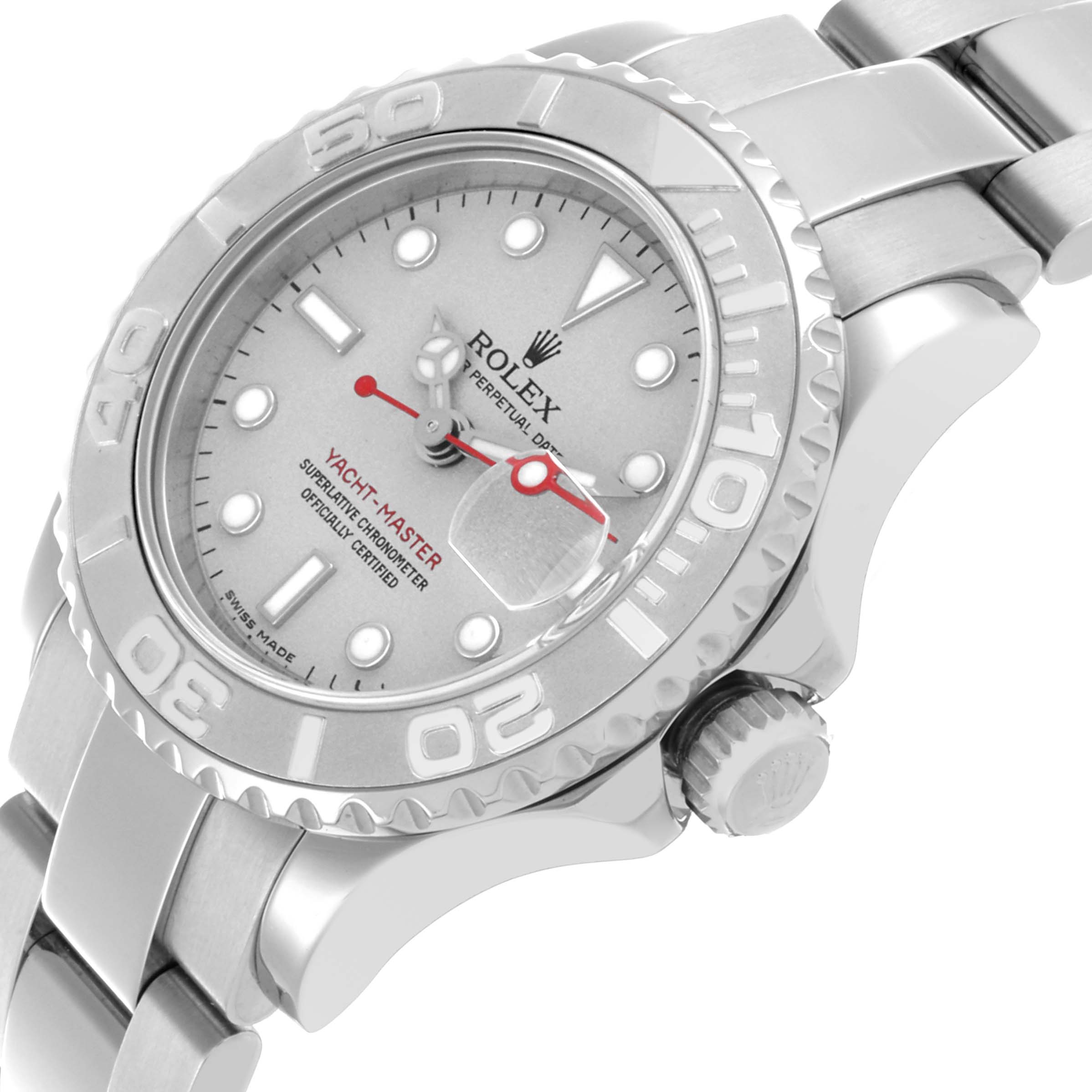 The Rolex Yacht-Master 169622 Women's Stainless Steel Silver Dial 169622 Women's Stainless Steel Silver Dial watch is shown at an angled view highlighting the bezel, dial, crown, and part of the bracelet.