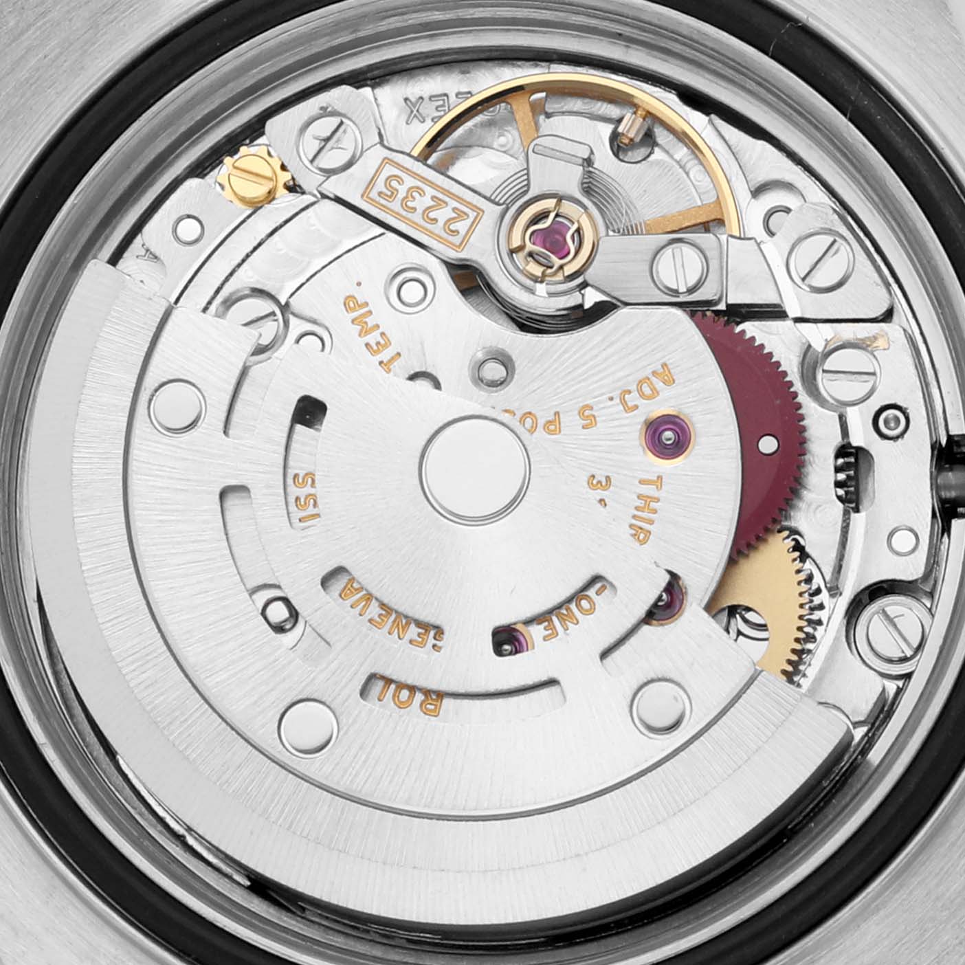 The image shows the intricate movement mechanism of a Rolex Yacht-Master 169622 Women's Stainless Steel Silver Dial 169622 Women's Stainless Steel Silver Dial watch from a top-down angle.