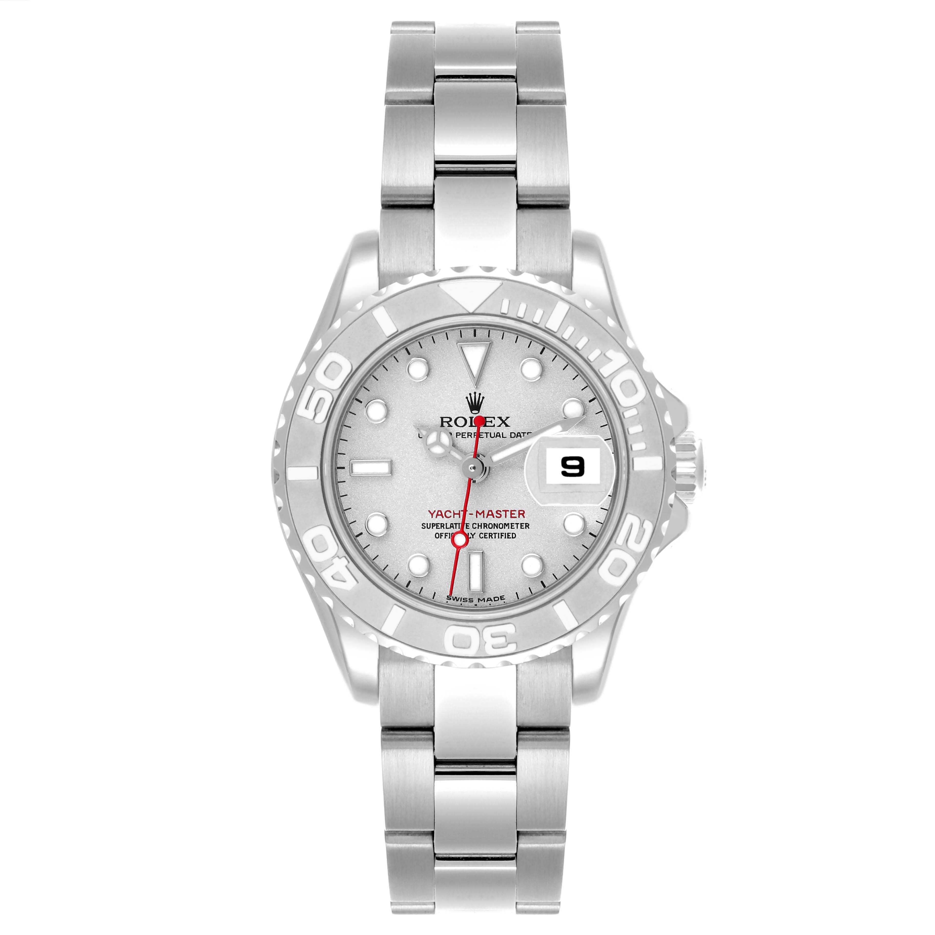 The Rolex Yacht-Master 169622 Women's Stainless Steel Silver Dial 169622 Women's Stainless Steel Silver Dial watch is shown from the front, displaying its dial, bezel, and bracelet.