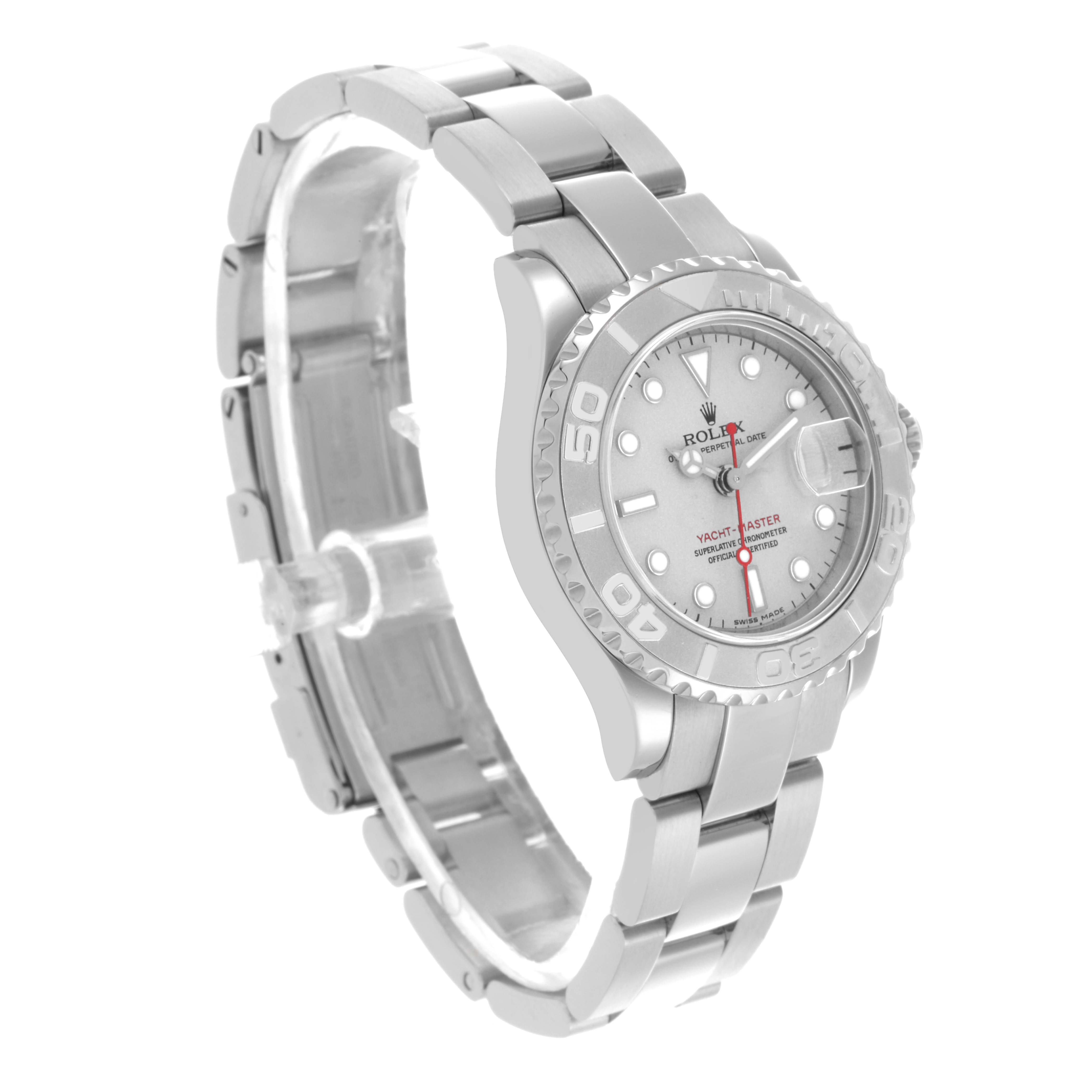 The Rolex Yacht-Master 169622 Women's Stainless Steel Silver Dial 169622 Women's Stainless Steel Silver Dial watch is shown at a three-quarter angle, highlighting the dial, bezel, and part of the bracelet.