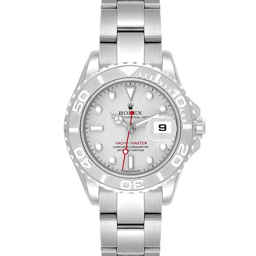 The Rolex Yacht-Master 169622 Women's Stainless Steel Silver Dial 169622 Women's Stainless Steel Silver Dial watch is shown from a front angle, displaying the entire face, bezel, and part of the bracelet.