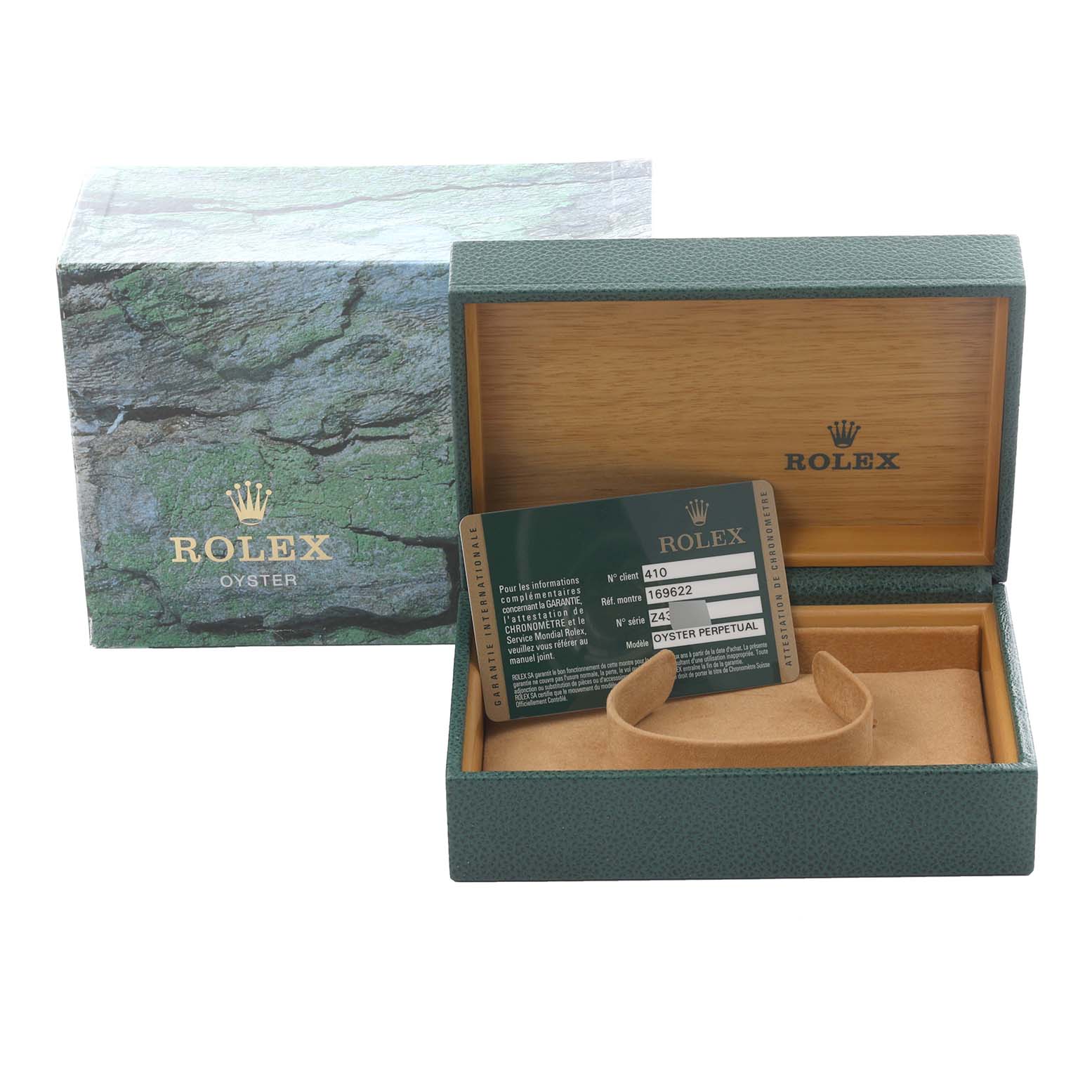 The image shows the case and warranty card for a Rolex Yacht-Master 169622 Women's Stainless Steel Silver Dial 169622 Women's Stainless Steel Silver Dial watch from a front angle.
