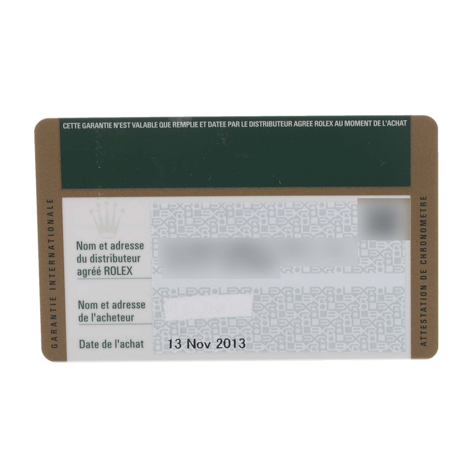 The image shows a warranty card for the Rolex Yacht-Master 169622 Women's Stainless Steel Silver Dial 169622 Women's Stainless Steel Silver Dial watch, with purchase date and distributor details.