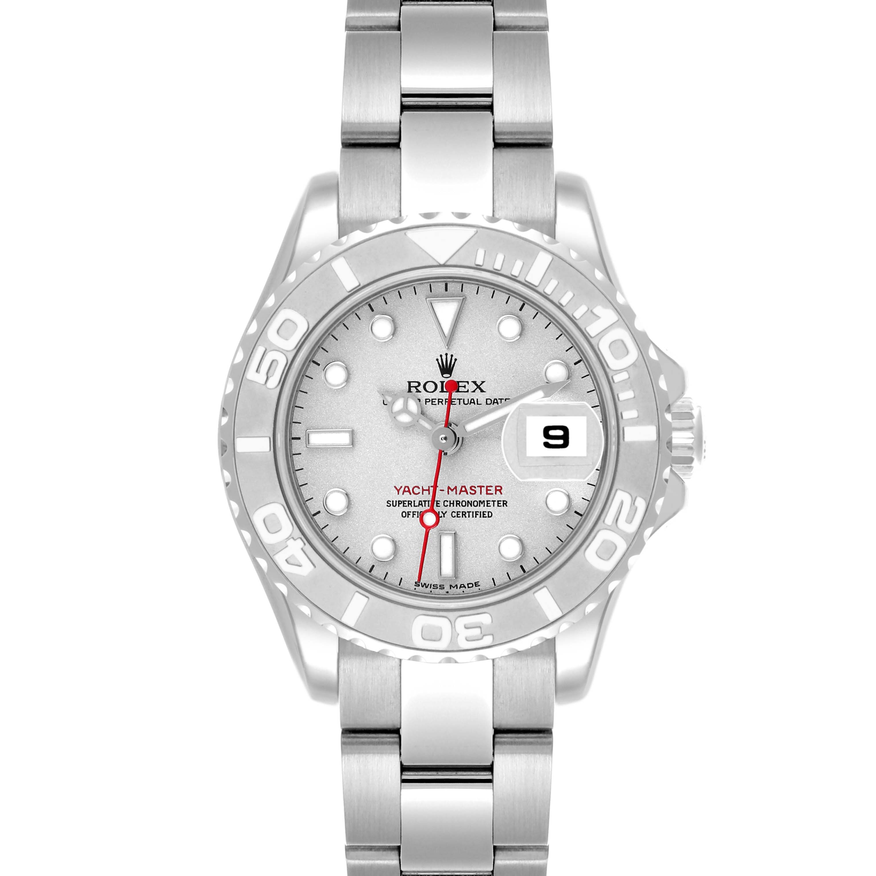 The Rolex Yacht-Master 169622 Women's Stainless Steel Silver Dial 169622 Women's Stainless Steel Silver Dial watch is shown from a front angle, displaying its face, bezel, and part of its bracelet.