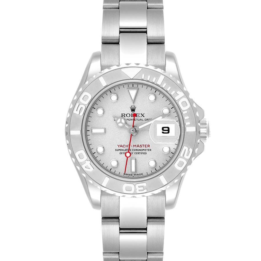 The Rolex Yacht-Master 169622 Women's Stainless Steel Silver Dial 169622 Women's Stainless Steel Silver Dial watch is shown from a front angle, displaying its face, bezel, and part of its bracelet.
