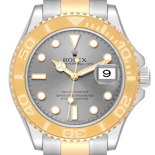 The image shows a close-up, front view of a Rolex Yacht-Master 16623 Men's Steel and Gold (two tone) Grey Dial 16623 Men's Steel and Gold (two tone) Grey Dial watch, highlighting its face, bezel, and part of the bracelet.