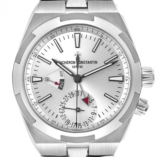 The Vacheron Constantin Overseas 7900V/110A-B333 Men's Stainless Steel Silver Dial 7900V/110A-B333 Men's Stainless Steel Silver Dial watch is shown from the front, displaying its face and crown details.
